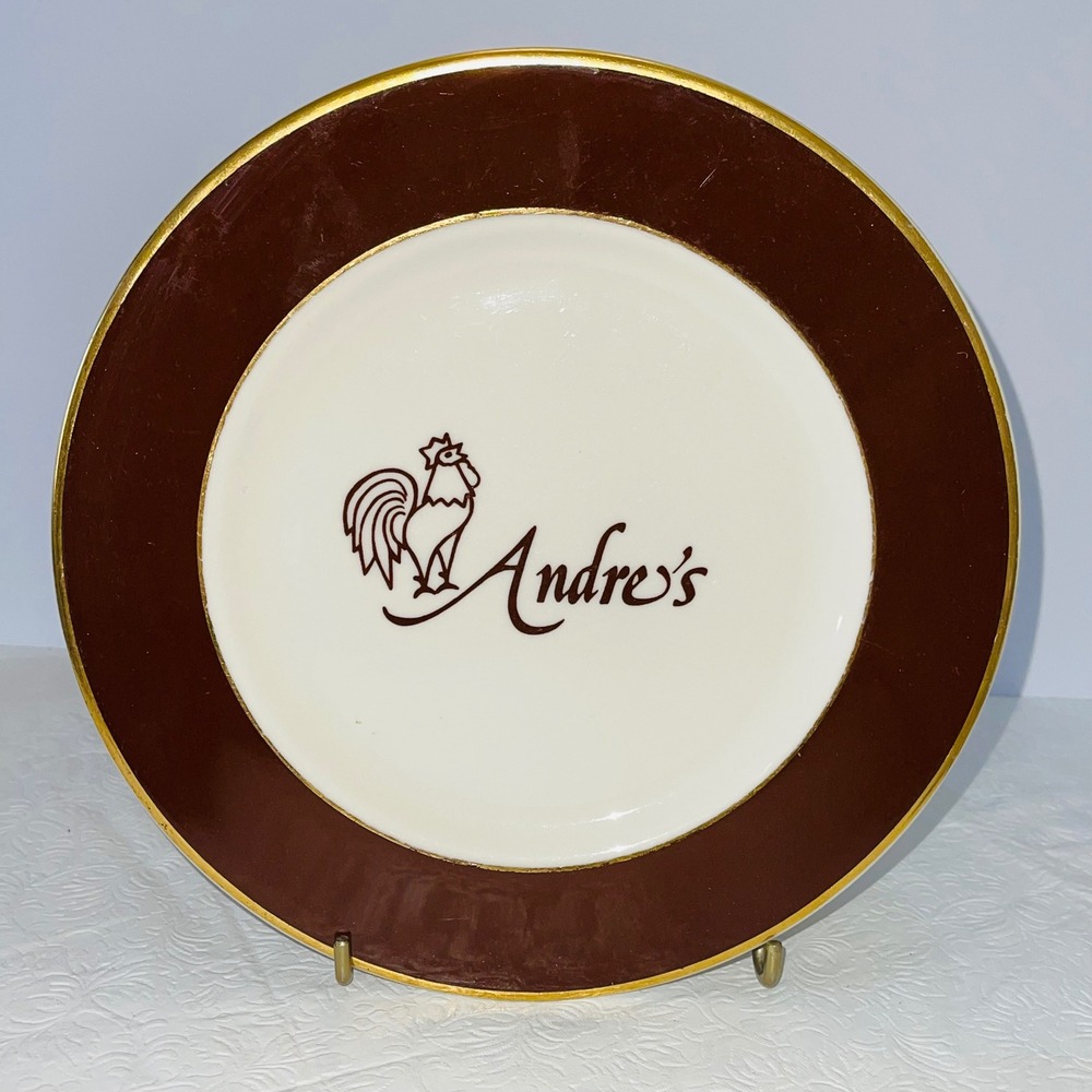 Syracuse China Andre's Restaurant Plate 9" Brown Gold Trim Vintage Rooster Logo